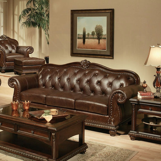 ACME Anondale Collection 4-Piece Living Room Set Include Sofa, Loveseat, Chair and Coffee Table, Espresso Top Grain Leather Match & Cherry Finish