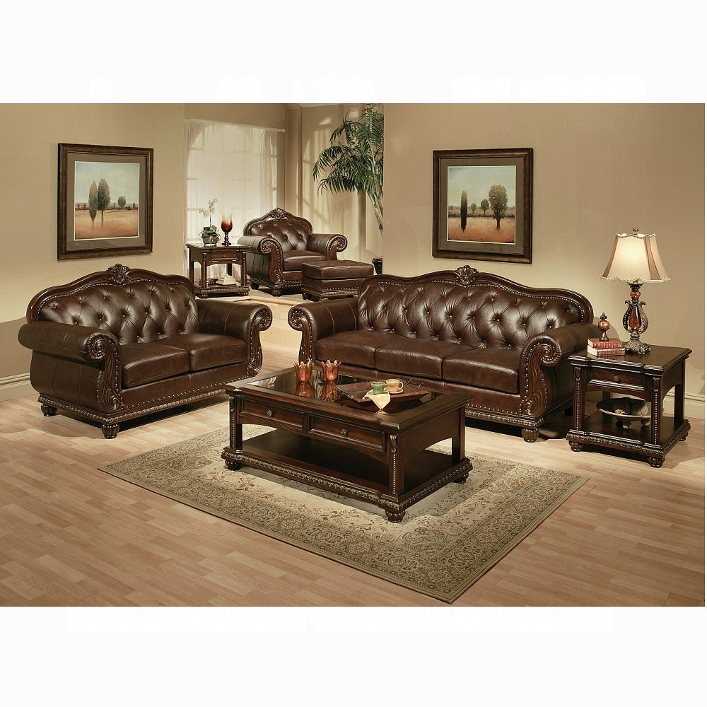 ACME Anondale Collection 4-Piece Living Room Set Include Sofa, Loveseat, Chair and Coffee Table, Espresso Top Grain Leather Match & Cherry Finish