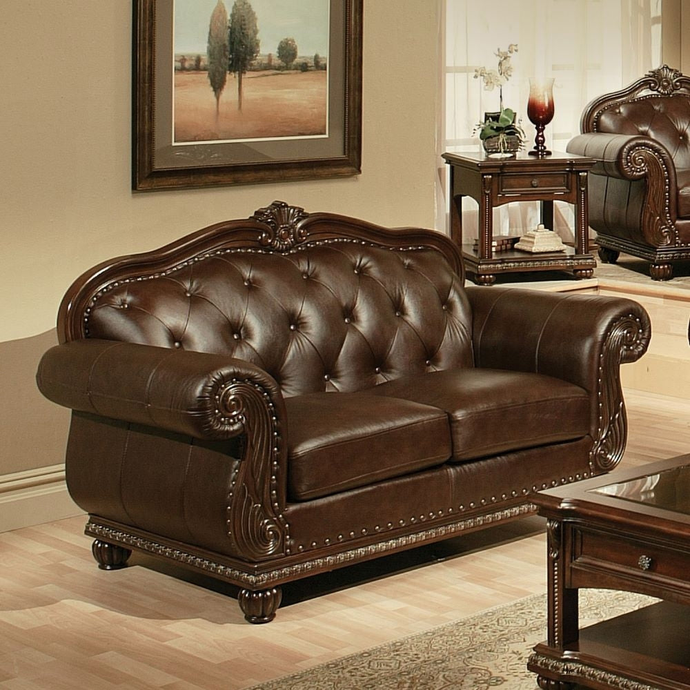 ACME Anondale Collection 4-Piece Living Room Set Include Sofa, Loveseat, Chair and Coffee Table, Espresso Top Grain Leather Match & Cherry Finish