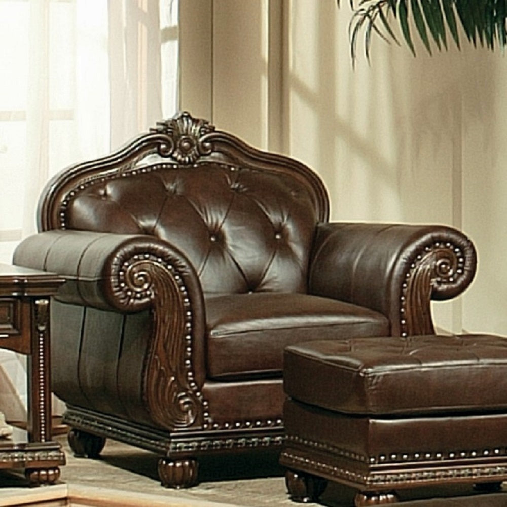 ACME Anondale Collection 4-Piece Living Room Set Include Sofa, Loveseat, Chair and Coffee Table, Espresso Top Grain Leather Match & Cherry Finish