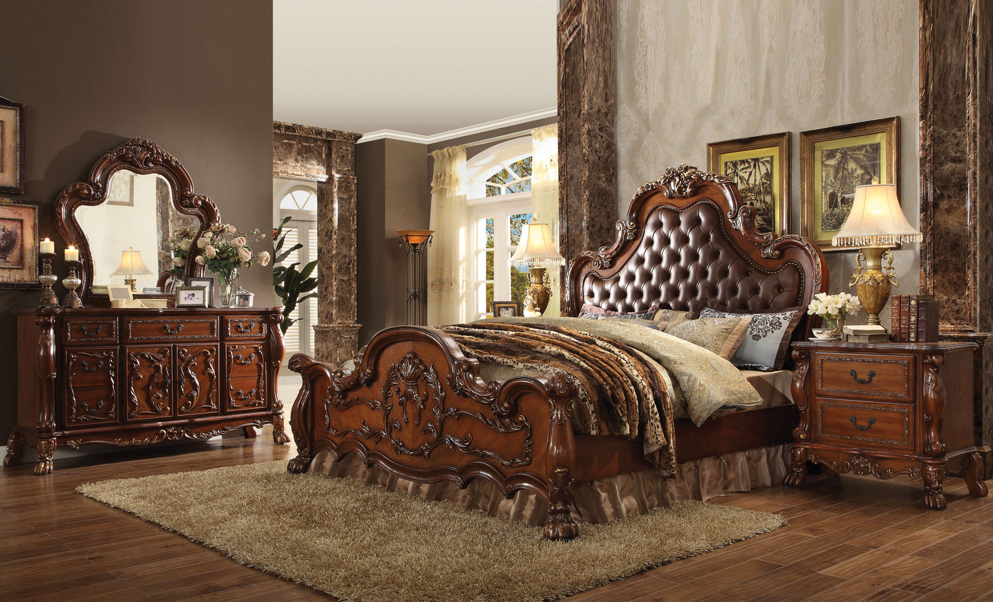 ACME Dresden 6 Piece Luxury Solid Wood Bedroom Set Includes Bed, Dresser, Chest, 2 x Nightstand and Mirror, Boxspring Required