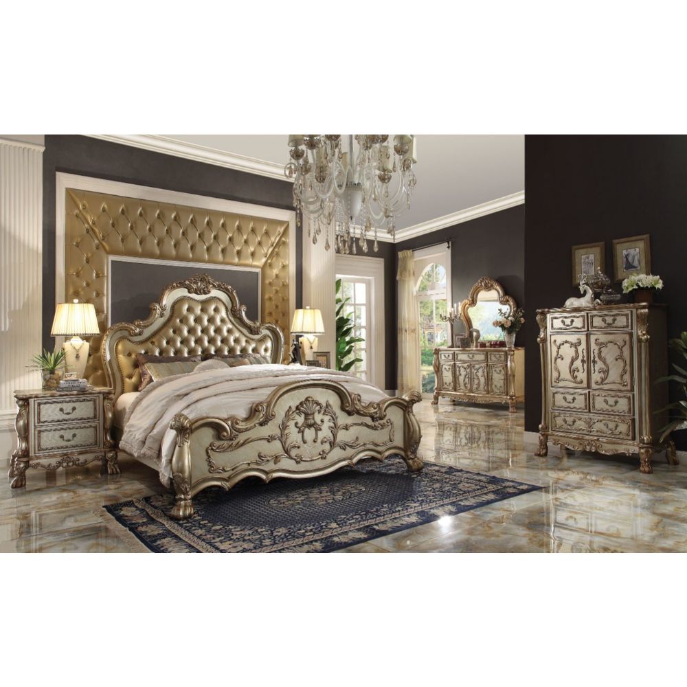ACME Dresden 6 Piece Luxury Solid Wood Bedroom Set Includes Bed, Dresser, Chest, 2 x Nightstand and Mirror, Boxspring Required