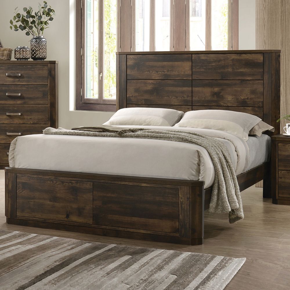 ACME Elettra Transitional 5-Piece Bedroom Set Includes Panel Bed, Dresser, Chest, Nightstands and Mirror, Boxspring Required, Rustic Walnut