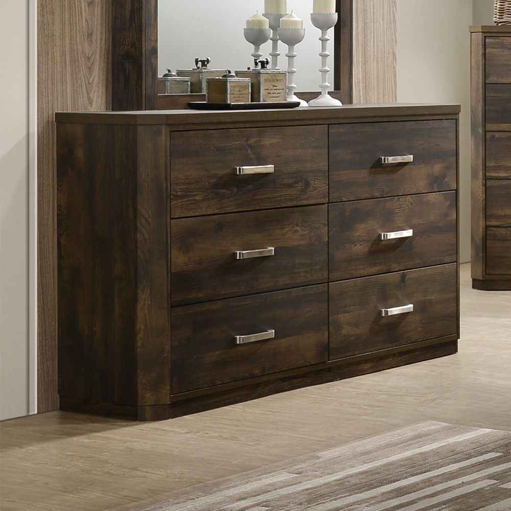 ACME Elettra Transitional 5-Piece Bedroom Set Includes Panel Bed, Dresser, Chest, Nightstands and Mirror, Boxspring Required, Rustic Walnut