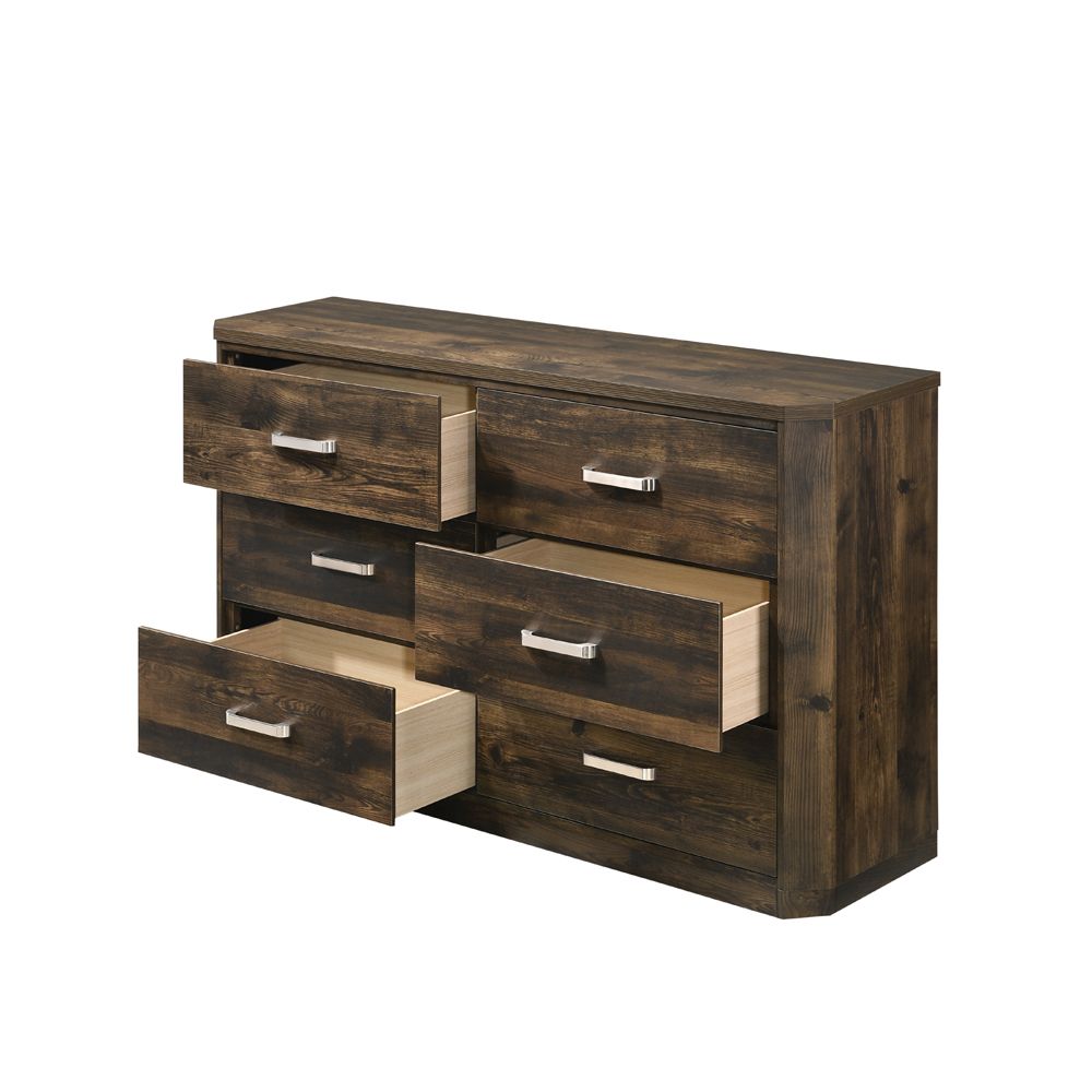 ACME Elettra Transitional 5-Piece Bedroom Set Includes Panel Bed, Dresser, Chest, Nightstands and Mirror, Boxspring Required, Rustic Walnut