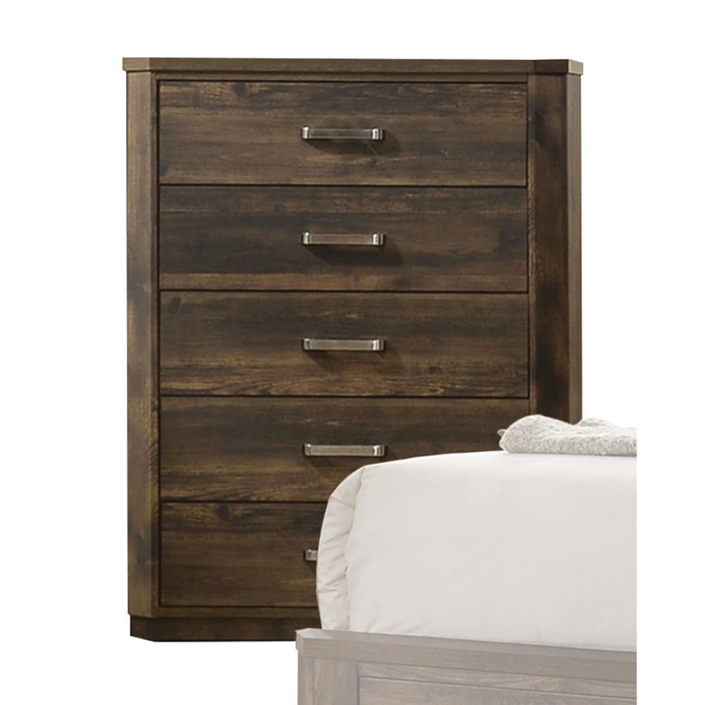 ACME Elettra Transitional 5-Piece Bedroom Set Includes Panel Bed, Dresser, Chest, Nightstands and Mirror, Boxspring Required, Rustic Walnut