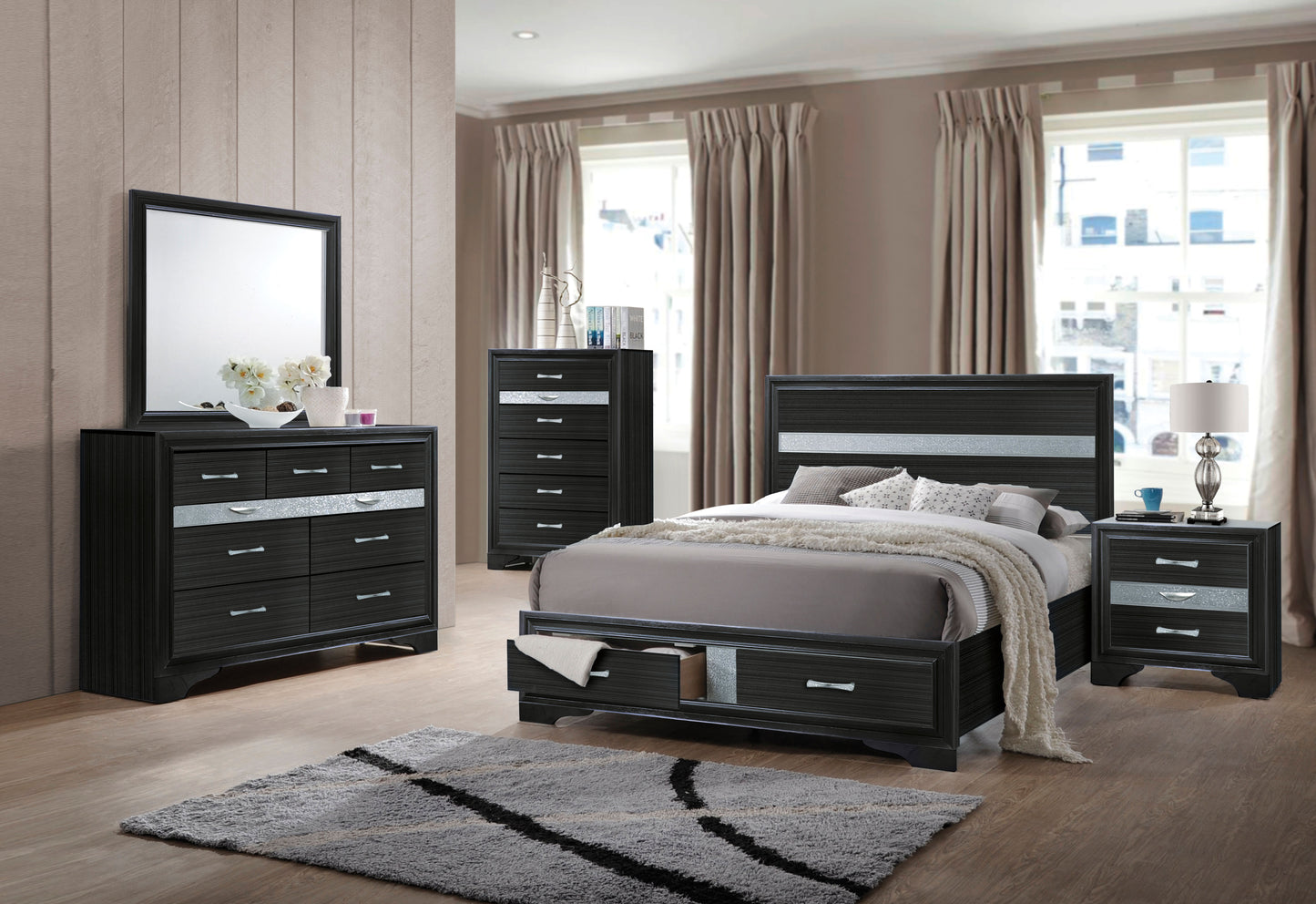 ACME Naima Collection 5-Piece Wooden Bedroom Set Bed Frame, Dresser, Chest, Nightstand and Mirror, Box Spring Not Required