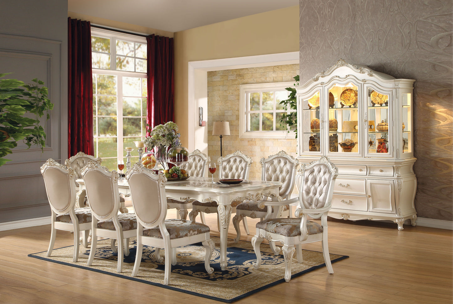 ACME Chantelle 9-Piece Luxurious Formal Dining Table Set Kitchen Furniture Set Include 1 Extendable Dining Table, 6 Side Chairs and 2 Arm Chairs, Set for 8 Persons
