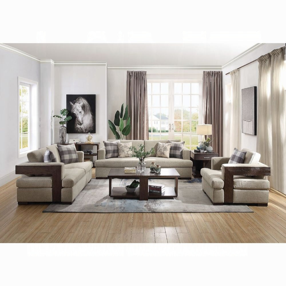 ACME Niamey Colletion 4-Piece Living Room Set Include Sofa, Loveseat, Chair and Coffee Table, Fabric & Walnut Finish