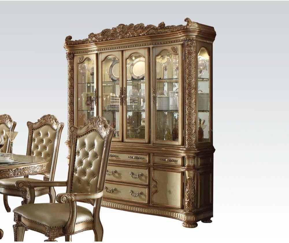 ACME Vendome 10PS Formal Dining Room Set Include 1 Dining Table, 6 Side Chairs, 2 Arm Chairs and 1 Buffet & Hutch, 8-Person Solid Wood Extendable Dining Set