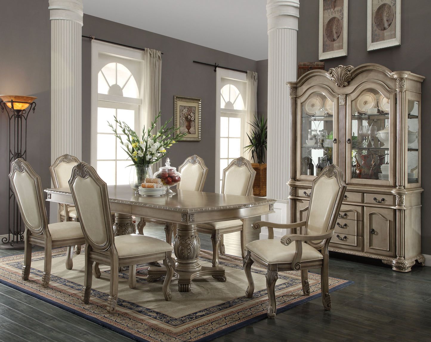 ACME Chateau De Ville 8-Piece Dining Set Include 1 Dining Extension Table, 4 Side Chairs, 2 Arm Chairs and 1 Buffet & Hutch