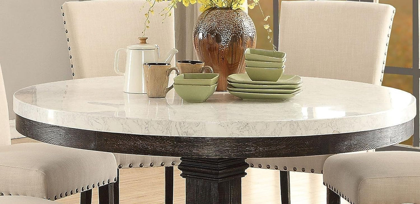 ACME Nolan 7-ps Casual Dining Table Set Include 1 Dining Table, 6 Side Chairs, 7-Person Marble Dining Set (Round)