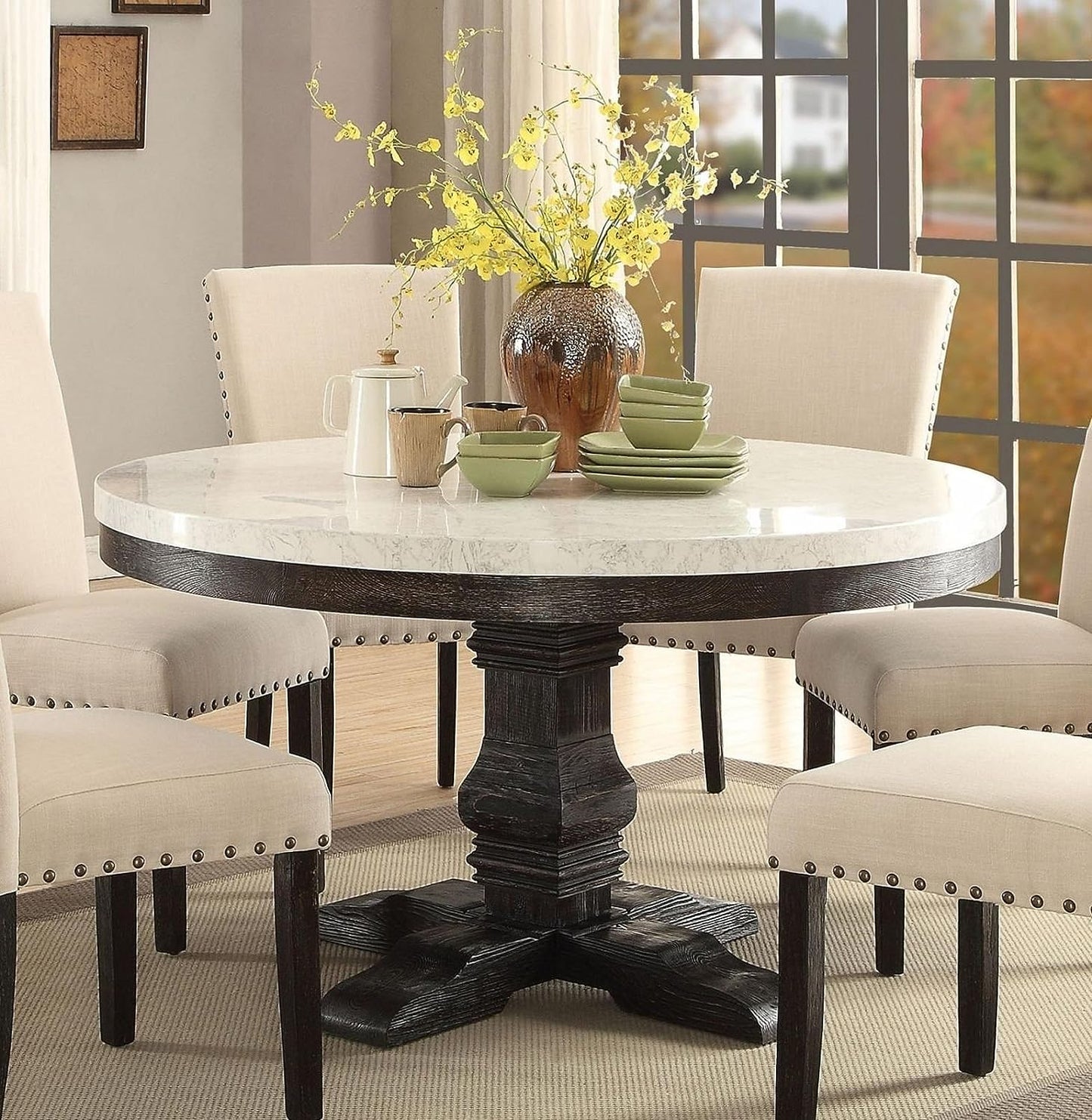 ACME Nolan 7-ps Casual Dining Table Set Include 1 Dining Table, 6 Side Chairs, 7-Person Marble Dining Set (Round)