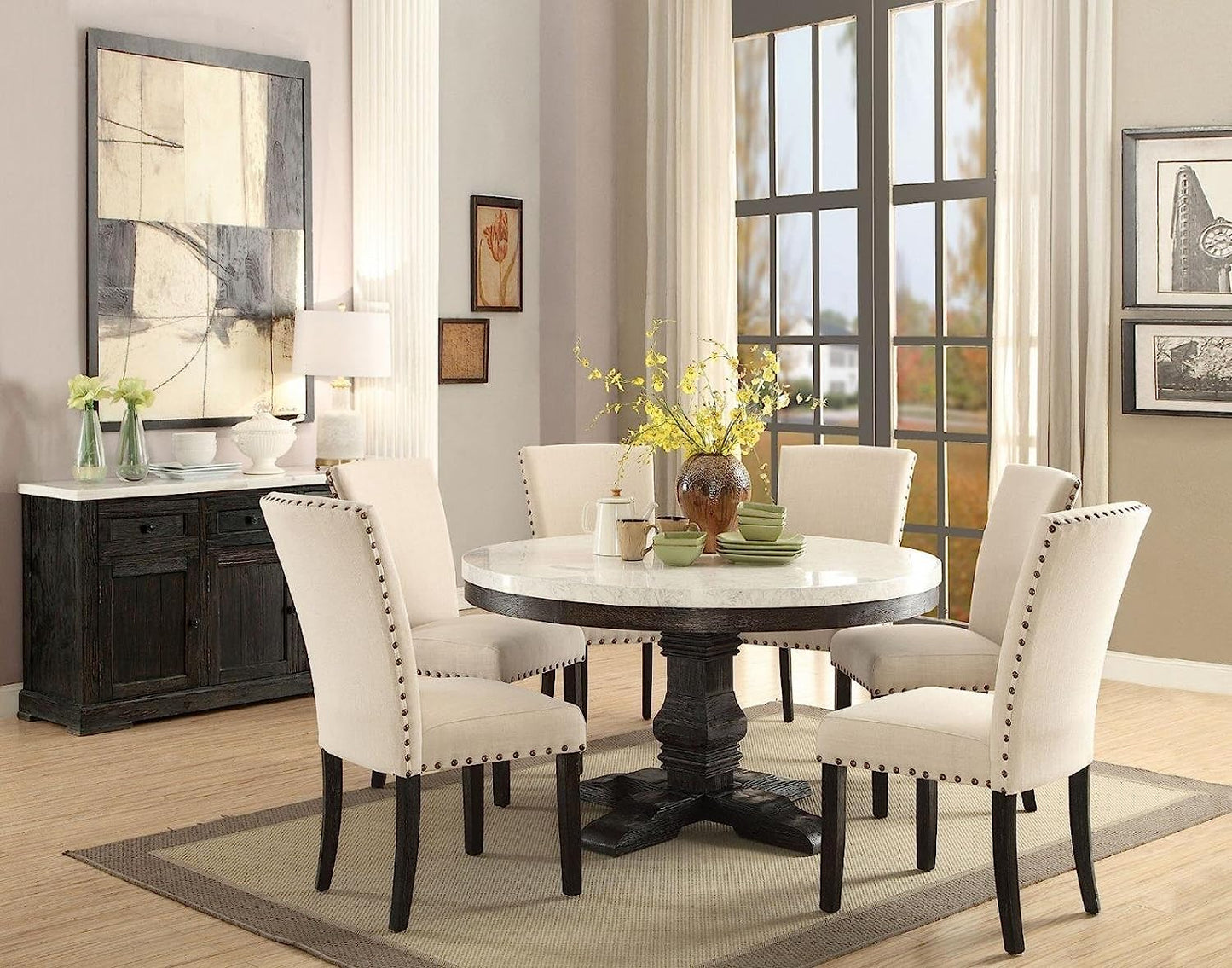 ACME Nolan 7-ps Casual Dining Table Set Include 1 Dining Table, 6 Side Chairs, 7-Person Marble Dining Set (Round)