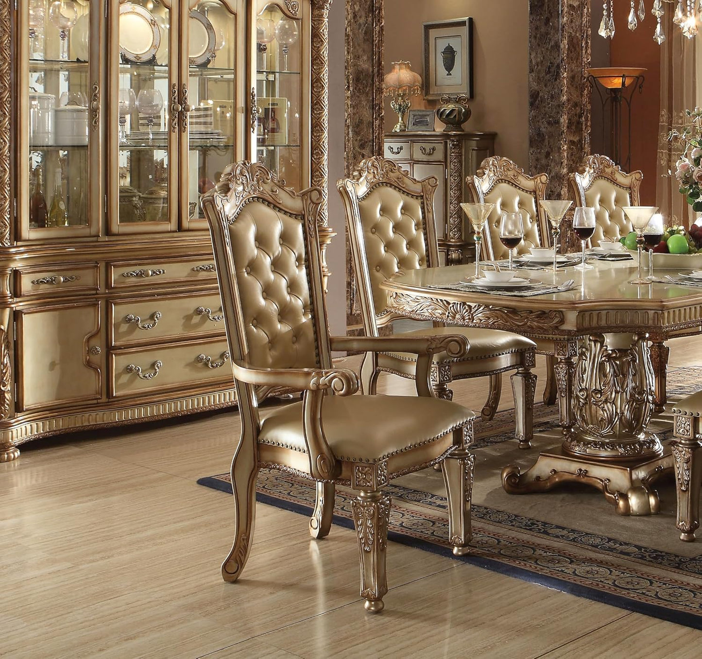 ACME Vendome 10PS Formal Dining Room Set Include 1 Dining Table, 6 Side Chairs, 2 Arm Chairs and 1 Buffet & Hutch, 8-Person Solid Wood Extendable Dining Set