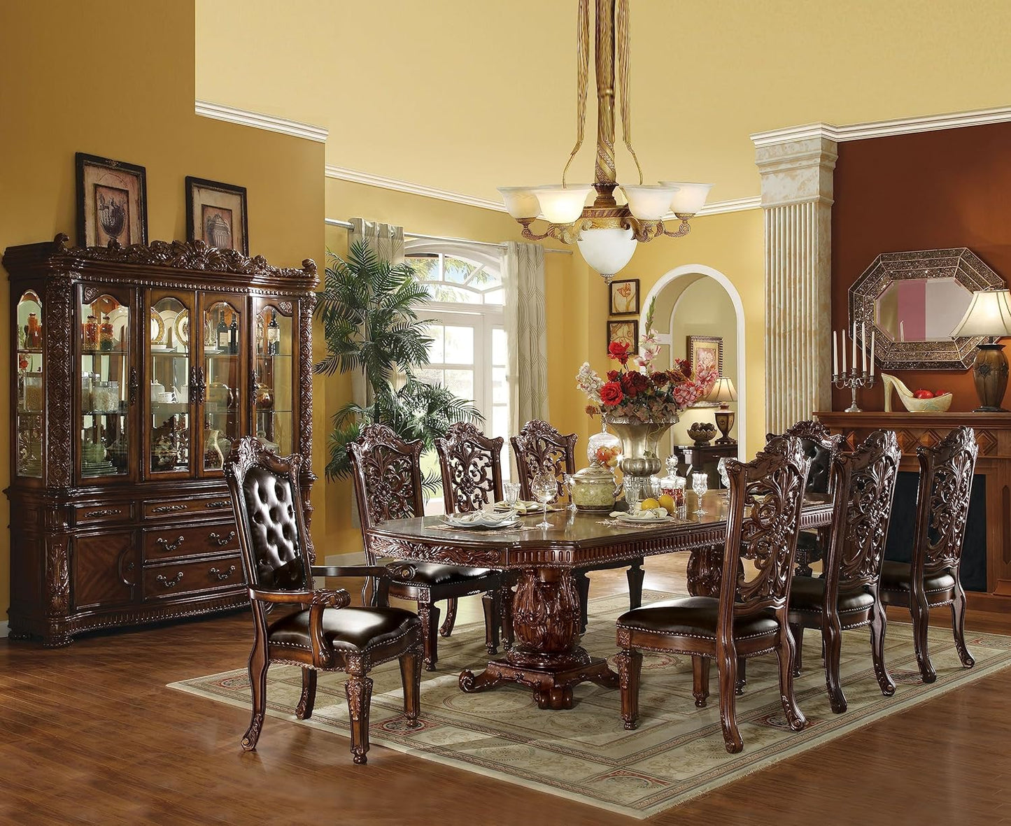 ACME Vendome 10PS Formal Dining Room Set Include 1 Dining Table, 6 Side Chairs, 2 Arm Chairs and 1 Buffet & Hutch, 8-Person Solid Wood Extendable Dining Set