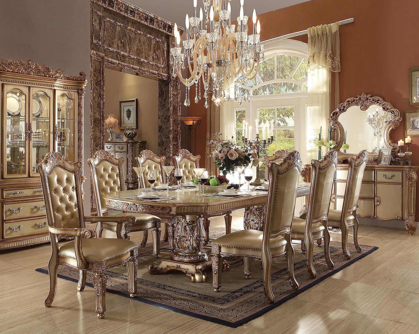 ACME Vendome 10PS Formal Dining Room Set Include 1 Dining Table, 6 Side Chairs, 2 Arm Chairs and 1 Buffet & Hutch, 8-Person Solid Wood Extendable Dining Set