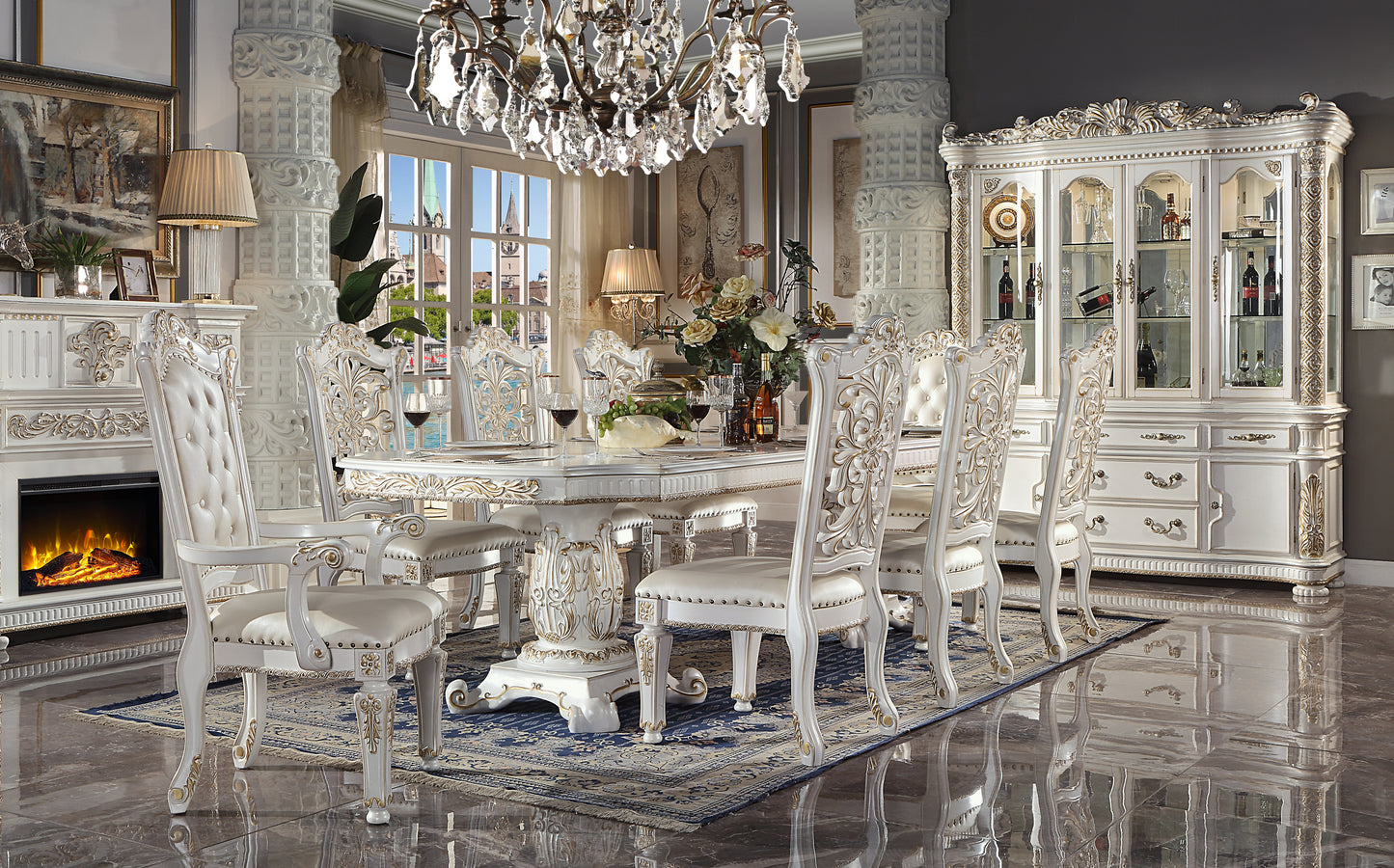 ACME Vendome 10PS Formal Dining Room Set Include 1 Dining Table, 6 Side Chairs, 2 Arm Chairs and 1 Buffet & Hutch, 8-Person Solid Wood Extendable Dining Set