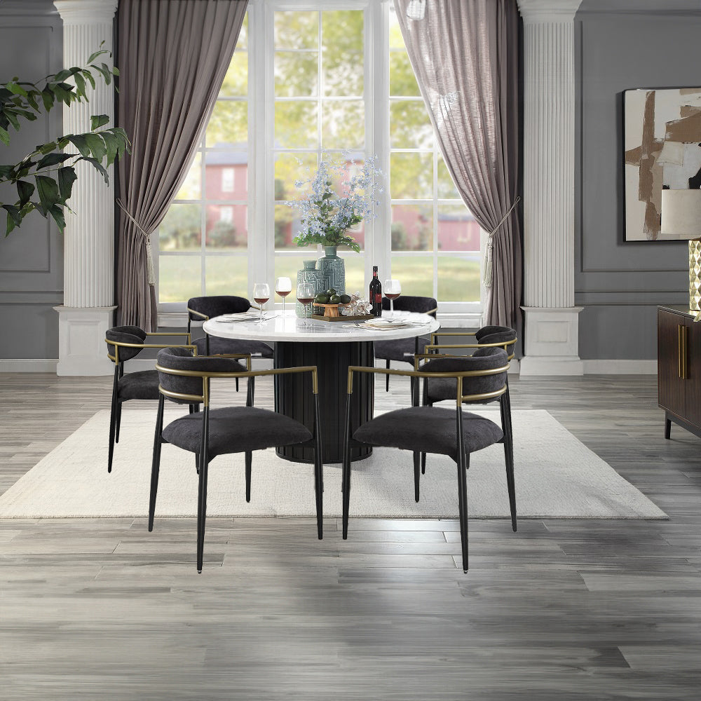 ACME Jaramillo 7-Piece Dining Set Round Dining Table W/Engineered Marble and 6 Chairs