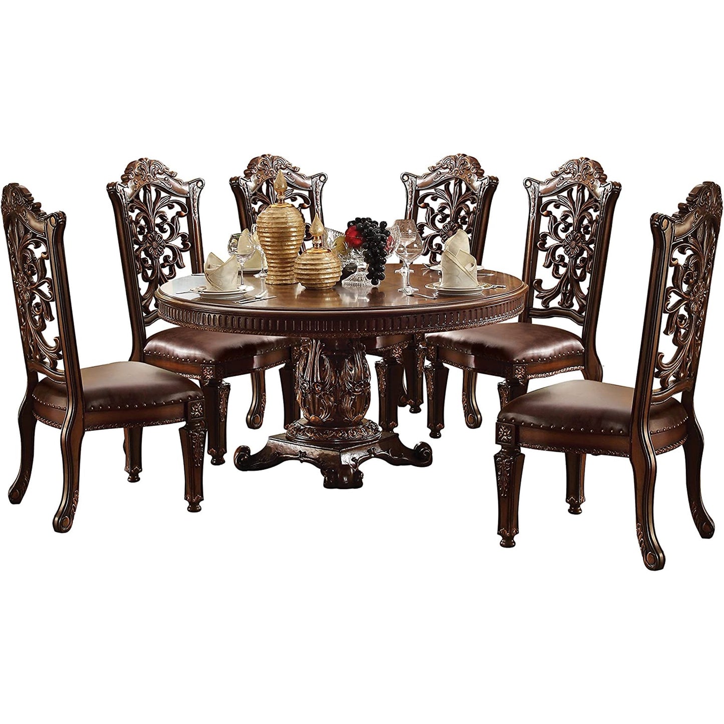 Acme Furniture Vendome Cherry 7 Piece Large Round Pedestal Dining Table Set