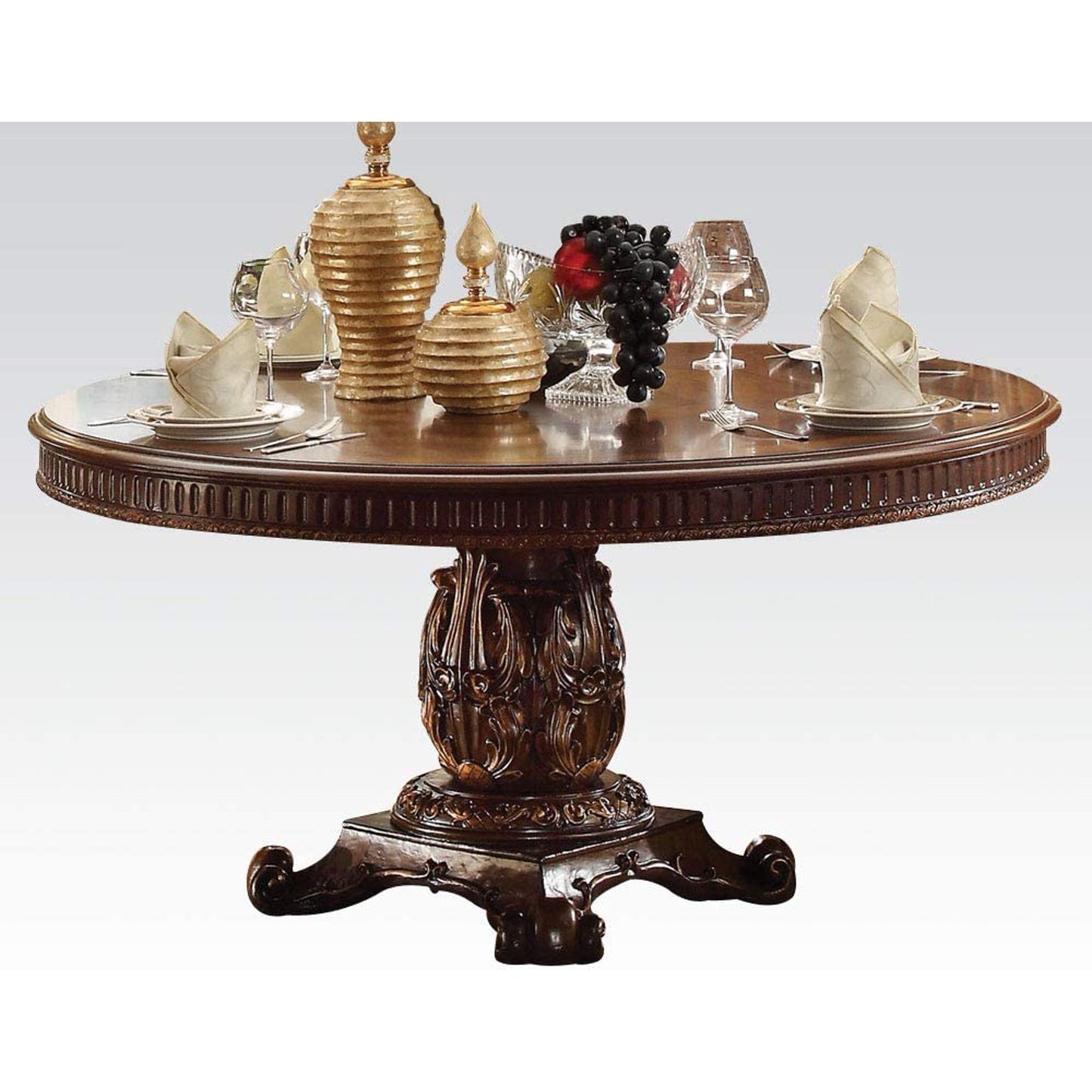 Acme Furniture Vendome Cherry 7 Piece Large Round Pedestal Dining Table Set