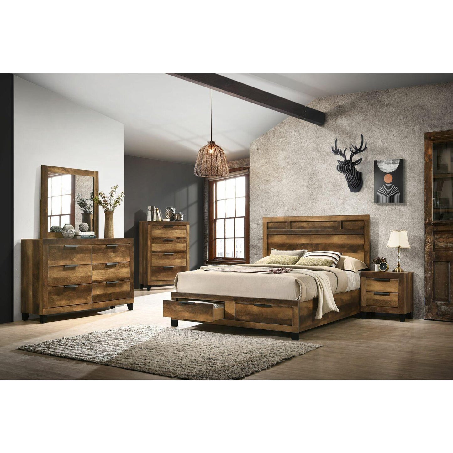 Rustic Oak Finish King Eastern 3pcs Bedroom Set Include Bed + 2 Nightstands