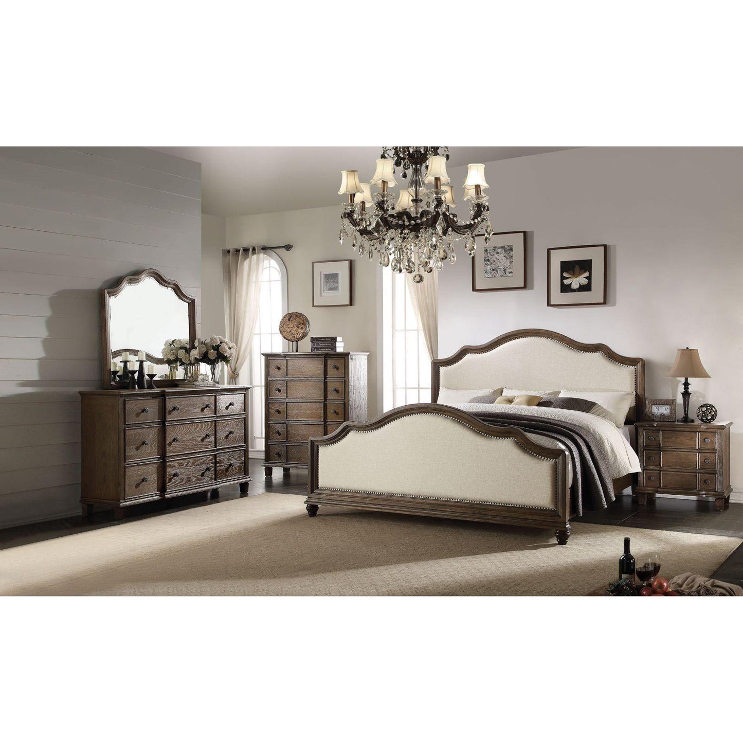 Baudouin Contemporary Beige Linen & Weathered Oak 5PCS Bed Set Includes Bed, 2 Nightstands, Dresser and Mirror