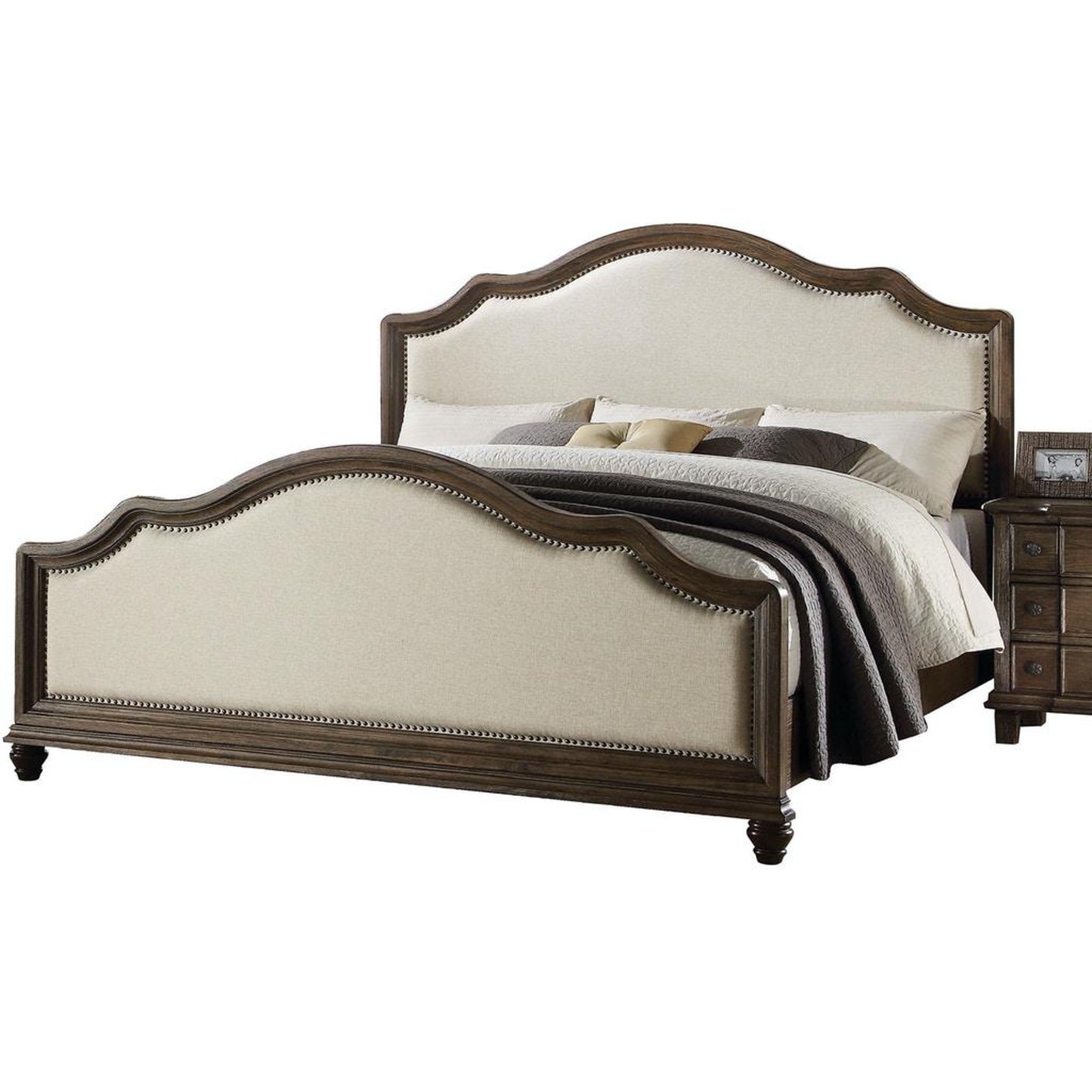 Baudouin Contemporary Beige Linen & Weathered Oak 5PCS Bed Set Includes Bed, 2 Nightstands, Dresser and Mirror