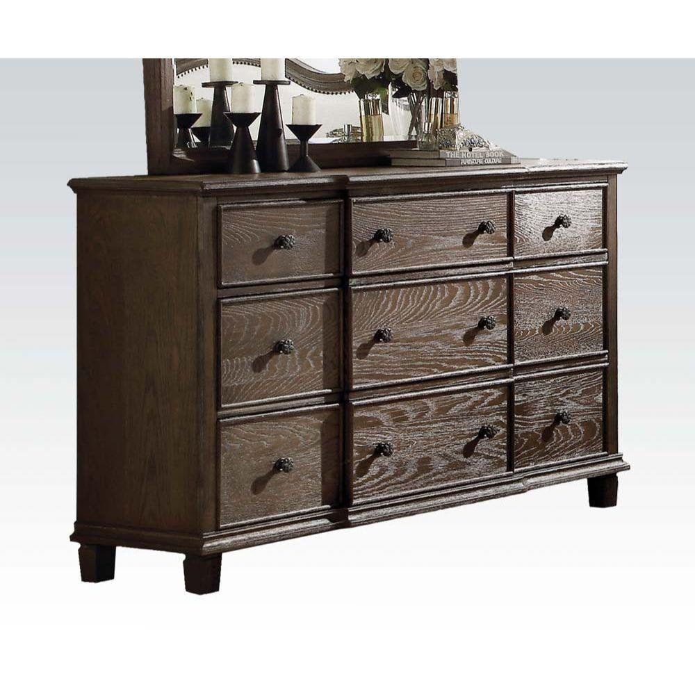 Baudouin Contemporary Beige Linen & Weathered Oak 5PCS Bed Set Includes Bed, 2 Nightstands, Dresser and Mirror