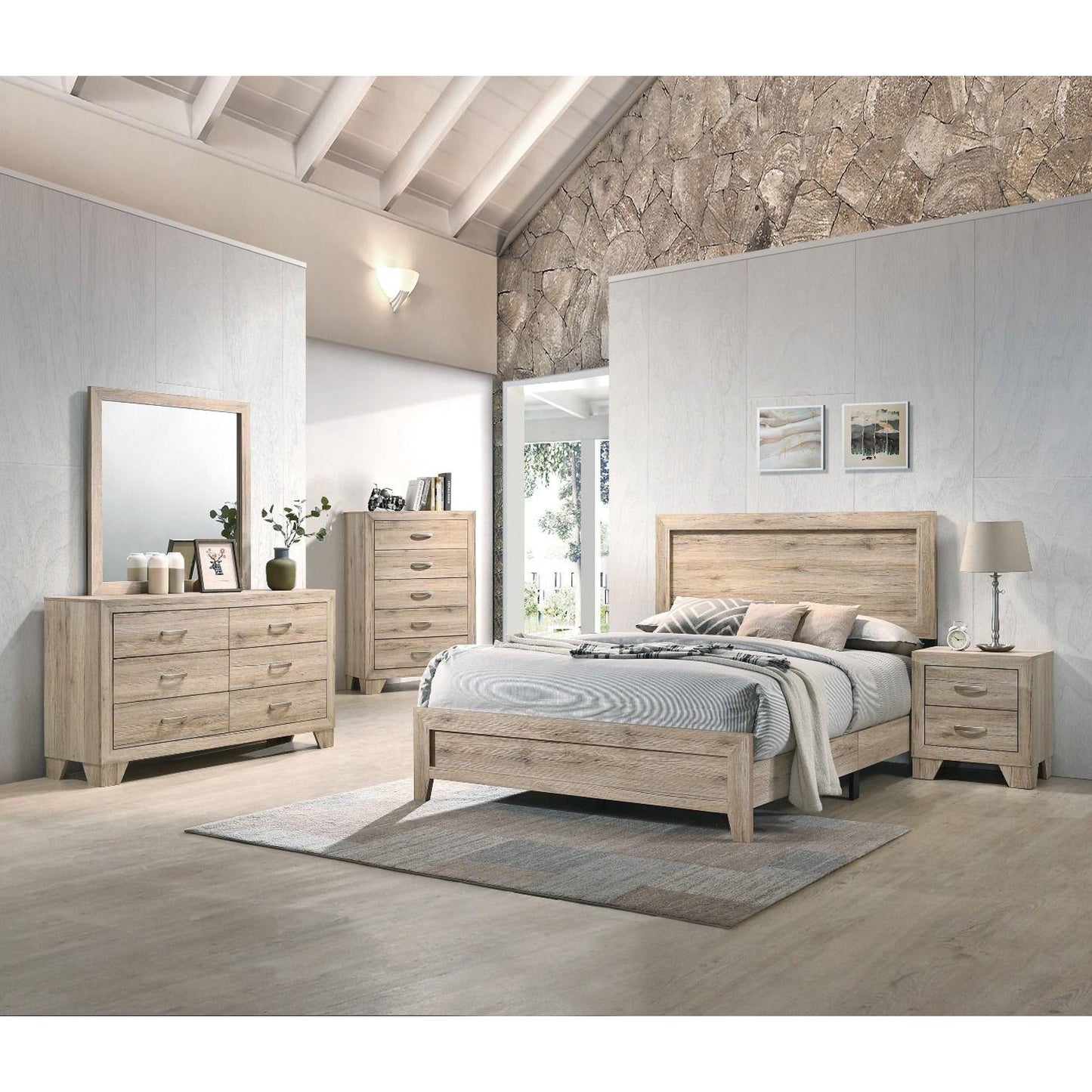 Miquell Contemporary Natural Bed 6PCS Set Includes Bed, 2 Nightstands, Dresser, Chest and Mirror