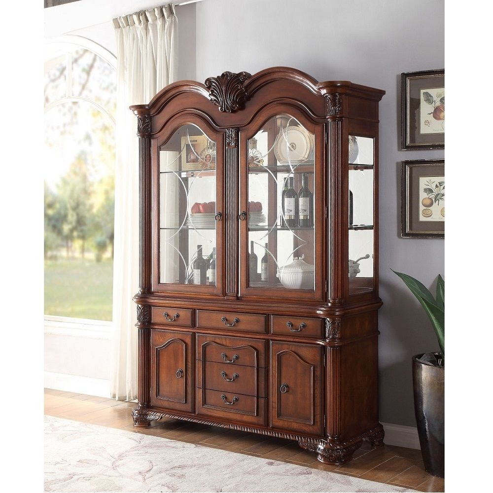 ACME Chateau De Ville 88" Kitchen Hutch with Buffet, 2 Glass Shelves, Cherry, 62" L X 21" W X 88" H