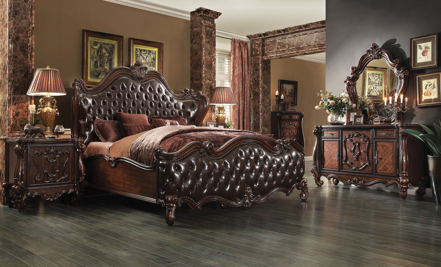 ACME Versailles Collection 6-Piece Luxury Solid Wood Bedroom Set Includes Bed, Dresser, Chest, 2 x Nightstand and Mirror, Boxspring Required