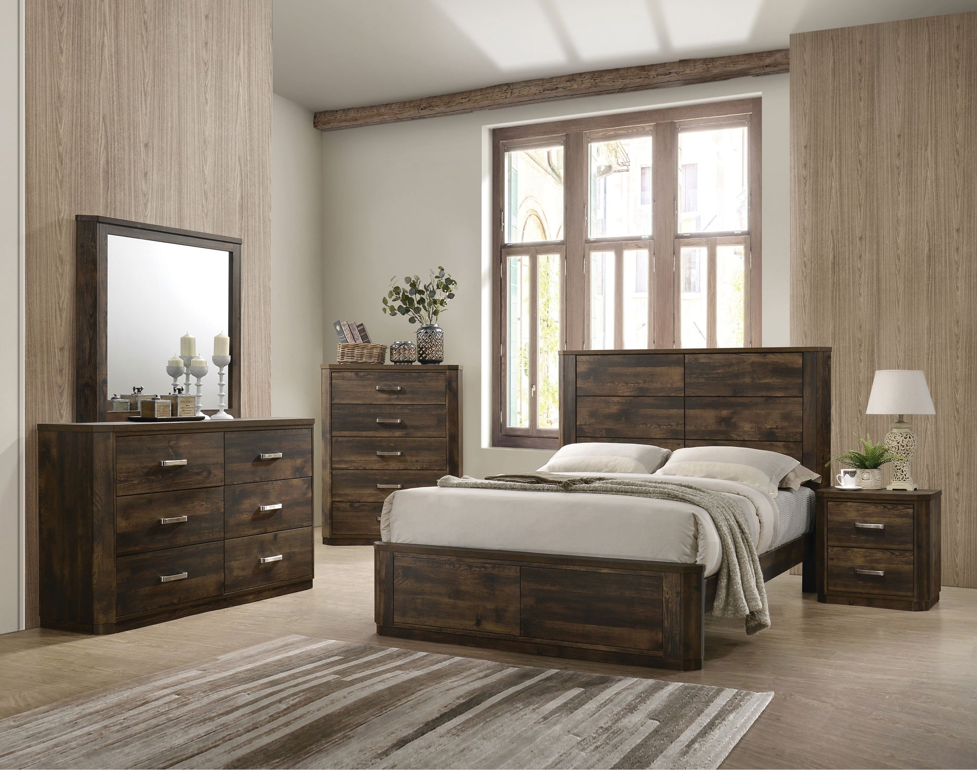 ACME Elettra Transitional 5-Piece Bedroom Set Includes Panel Bed, Dresser, Chest, Nightstands and Mirror, Boxspring Required, Rustic Walnut