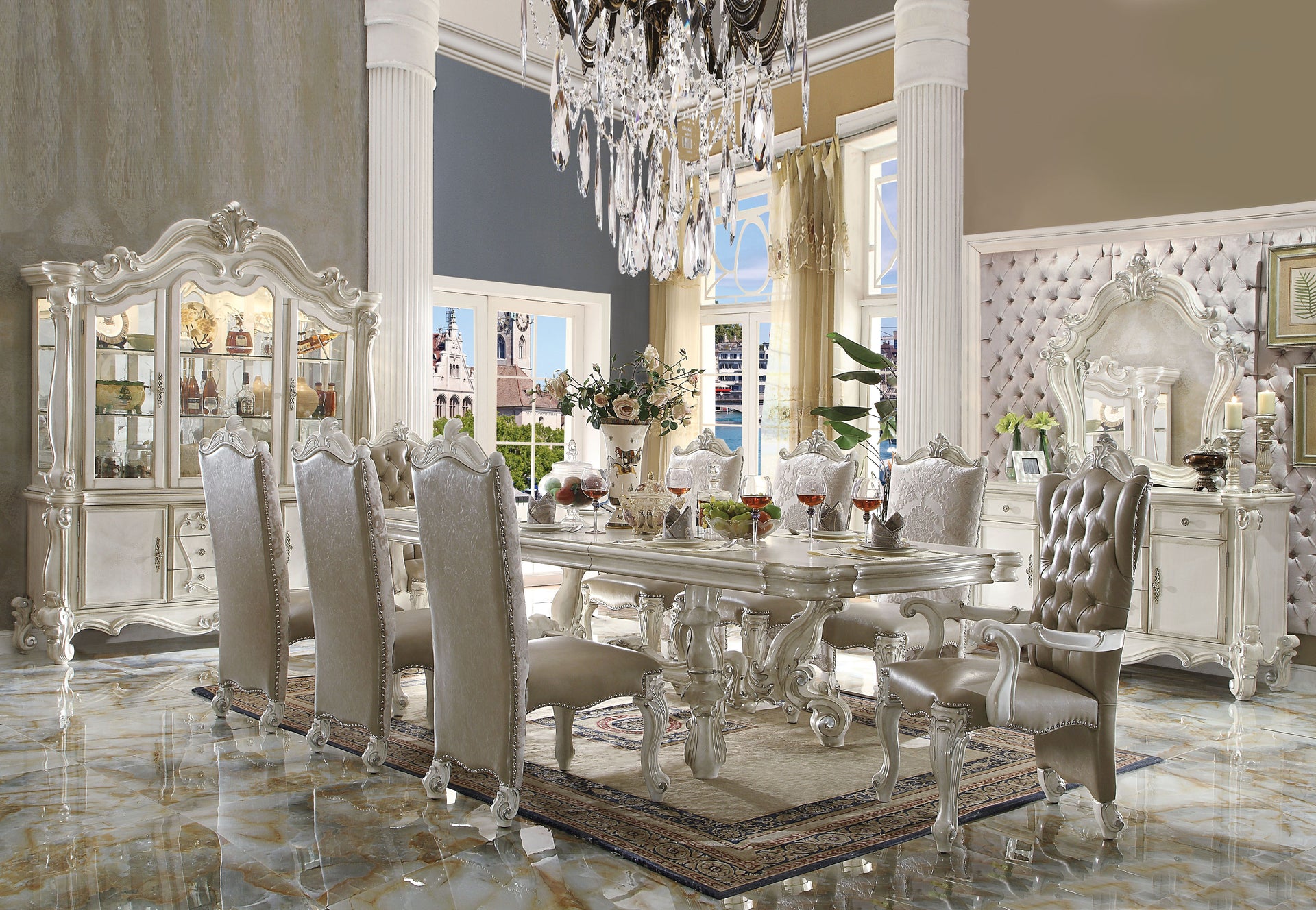 ACME Versailles 10-Piece Luxurious Formal Dining Table Set Bone White Finish 61130