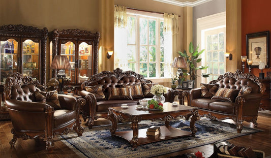 ACME Vendome Collection 4-Piece Living Room Set Include Sofa, Loveseat, Chair and Coffee Table, Cherry Synthetic Leather & Cherry Finish