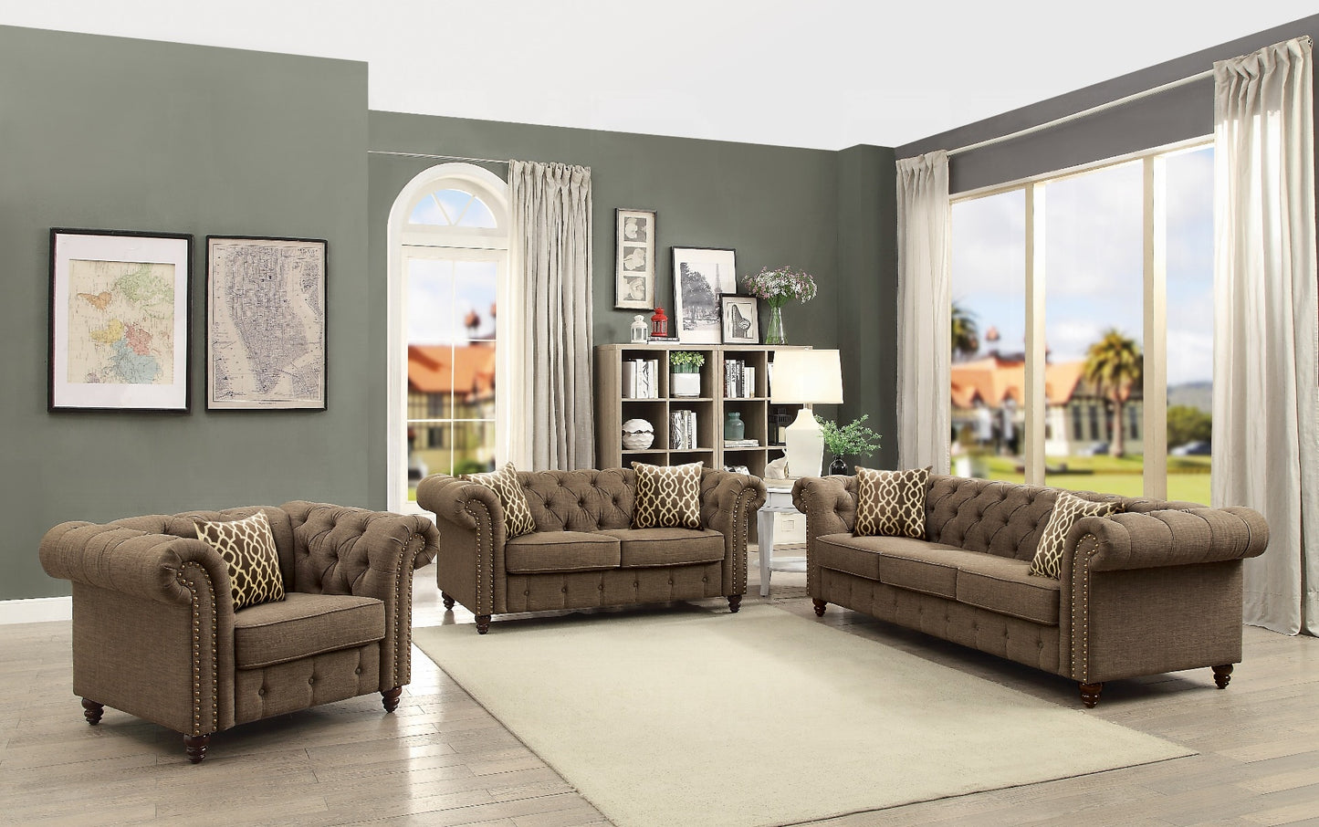 ACME Aurelia Colletion 3-Piece Living Room Set Include Sofa, Loveseat and Chair, Brown Linen