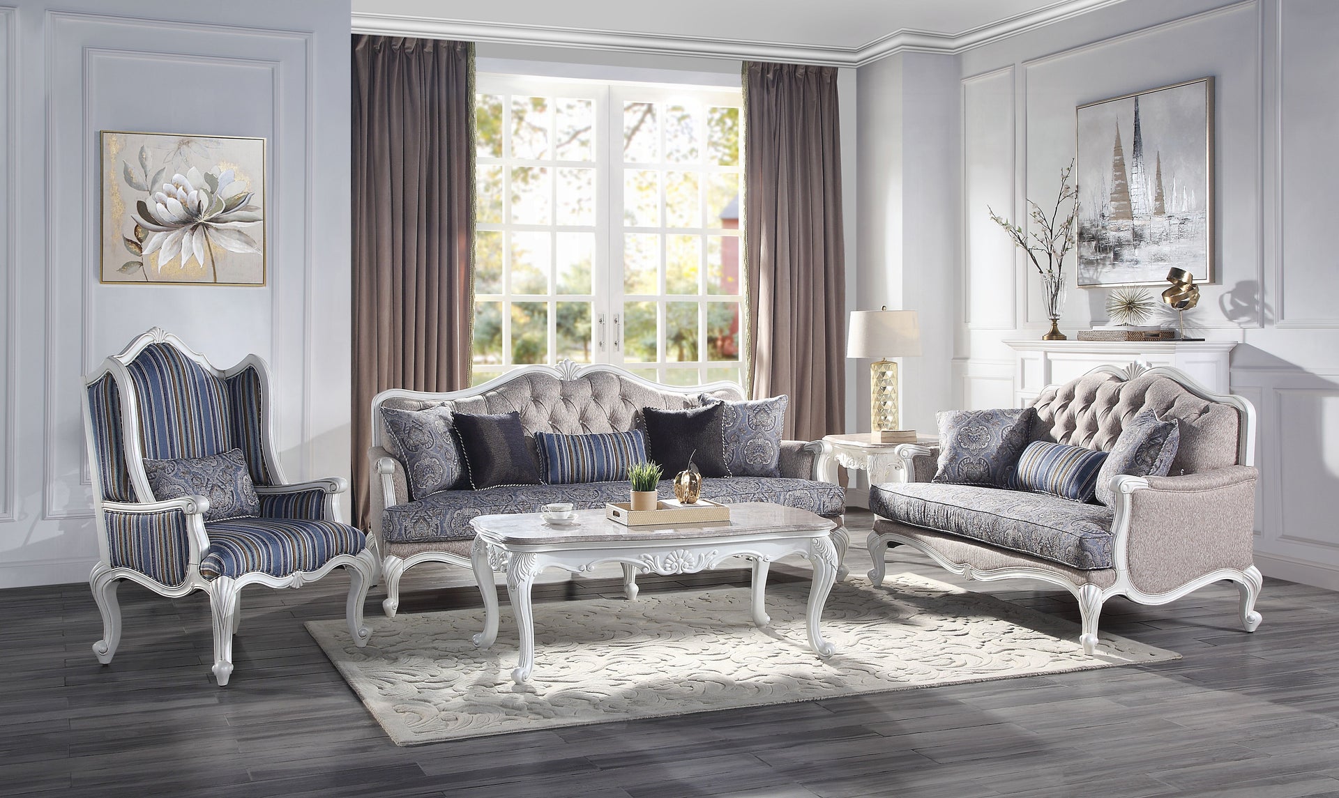 ACME Ciddrenar Collection 3-Piece Living Room Set Include Sofa, Loveseat and Chair, Fabric & White Finish