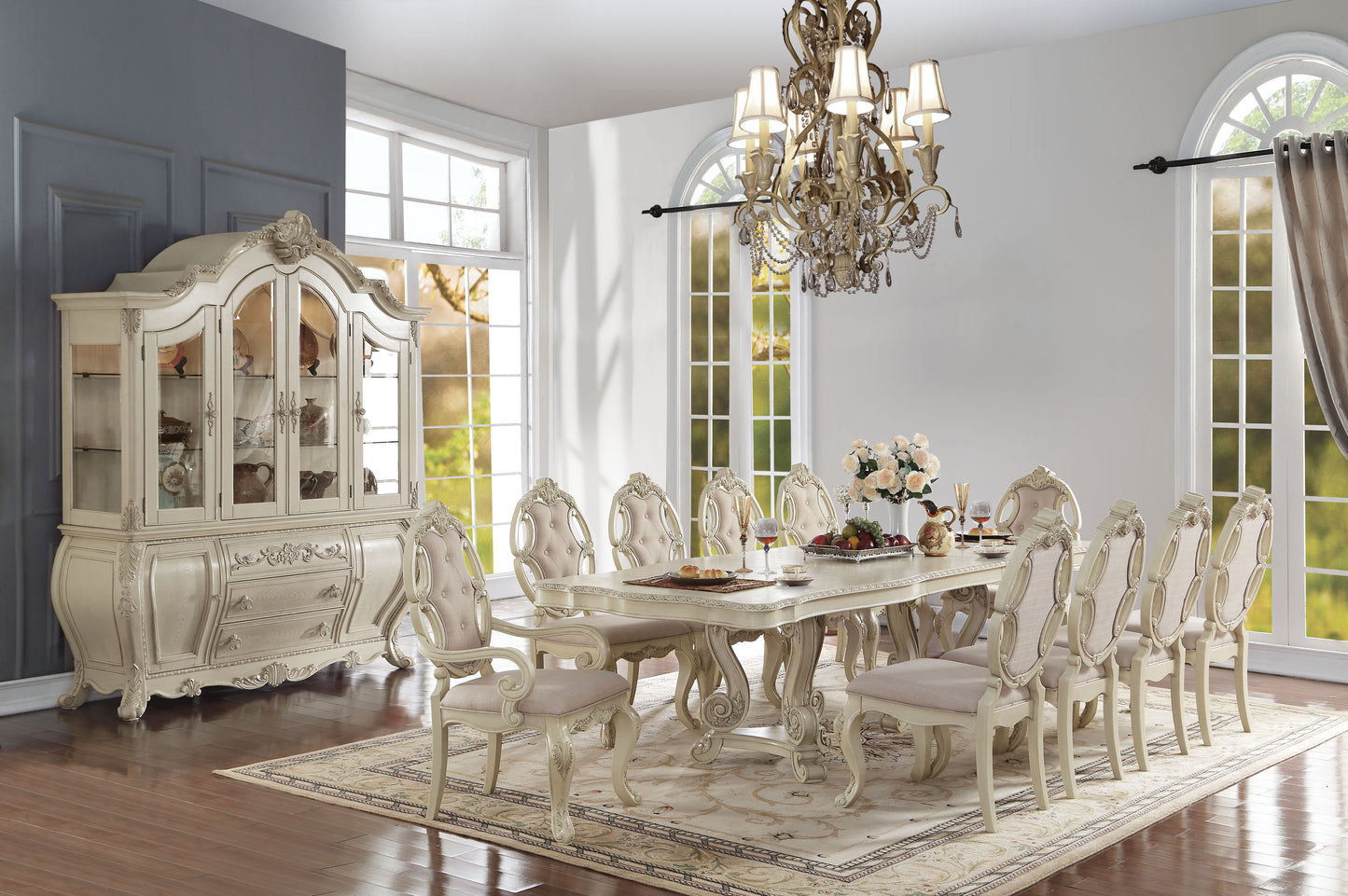 ACME Ragenardus Kitchen Furniture Set 11pc Formal Dining Table Set Includes 1 Table, 8 Side Chairs and 2 Arm Chairs, Set for 10 Persons