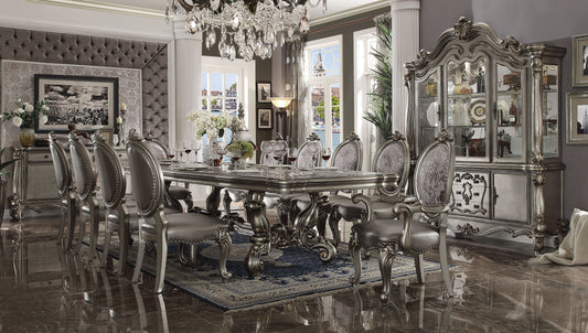 ACME Antique Platinum 10-Person Solid Wood Extendable Dining Set - Formal Dining Table with 1 Extension, 10 Side Chairs, 2 Arm Chairs, Buffet & Hutch