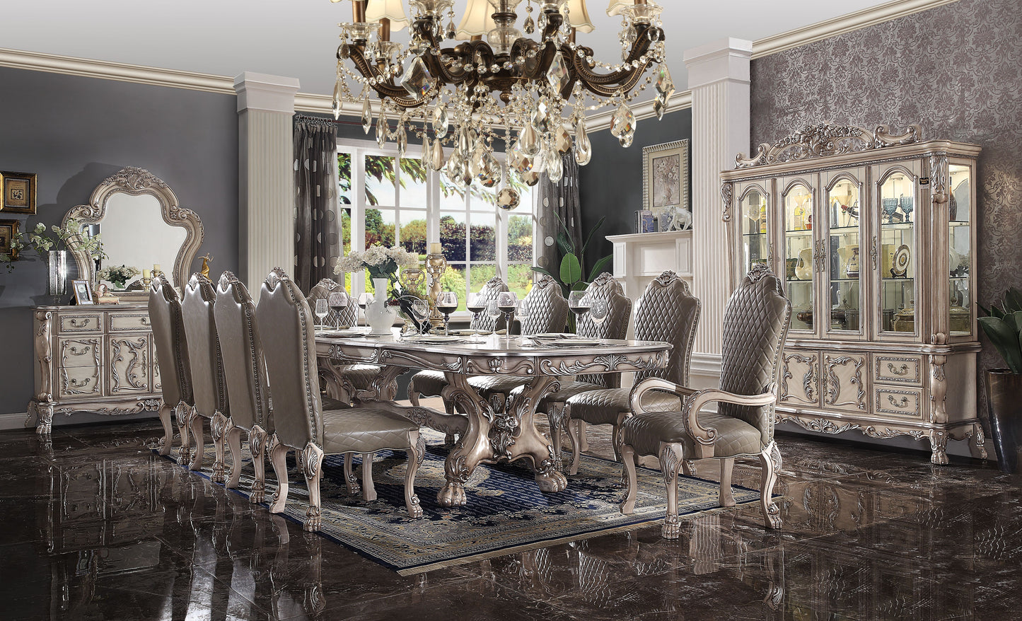 ACME Dresden 12-Piece Luxurious Formal Dining Table Set Kitchen Furniture Set Include 1 Extendable Dining Table, 8 Side Chairs, 2 Arm Chairs and Buffet & Hutch