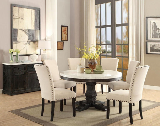 ACME Nolan 7-ps Casual Dining Table Set Include 1 Dining Table, 6 Side Chairs, 7-Person Marble Dining Set (Round)