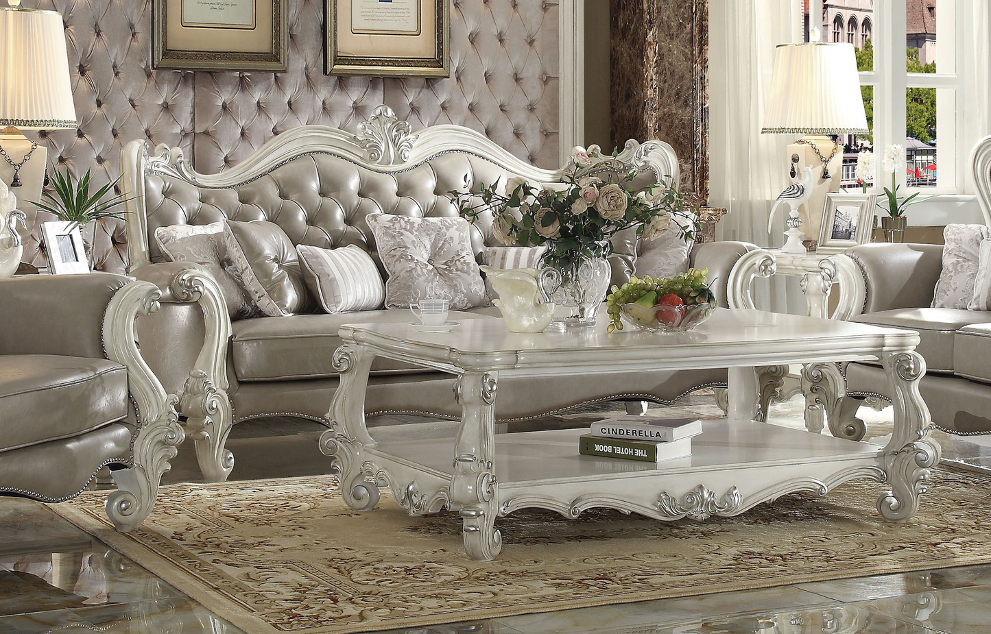 ACME Versailles Collection Luxury 4-Piece Living Room Set, Including Sofa, Loveseat, Chair and Coffee Table, Bone White