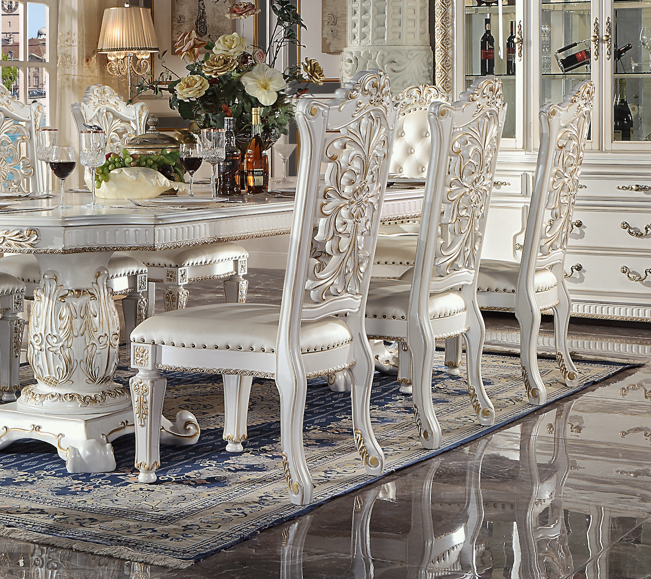 ACME Vendome 10PS Formal Dining Room Set Include 1 Dining Table, 6 Side Chairs, 2 Arm Chairs and 1 Buffet & Hutch, 8-Person Solid Wood Extendable Dining Set