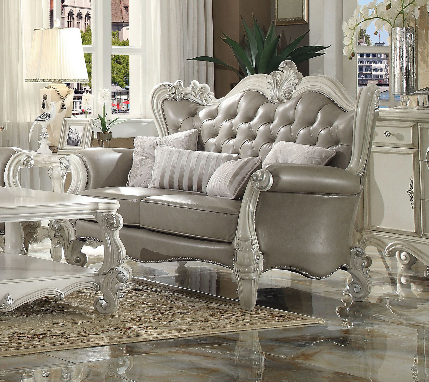 ACME Versailles Collection Luxury 4-Piece Living Room Set, Including Sofa, Loveseat, Chair and Coffee Table, Bone White