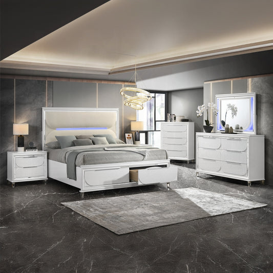 ACME Tarian 6-Piece Modern Luxury Bedroom Set Includes Panel Bed w/Led & Storage, Assembled Dresser, Assembled Chest, 2xAssembled Nightstands and Mirror, Box Spring Not Required