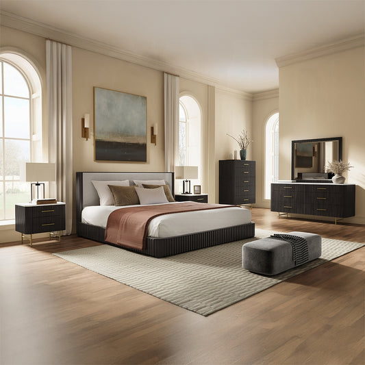 ACME Clayten 6-Piece Modern Luxury Bedroom Set Includes Panel Bed, Assembled Dresser, Assembled Chest, 2xAssembled Nightstands and Mirror, Box Spring NOT Required