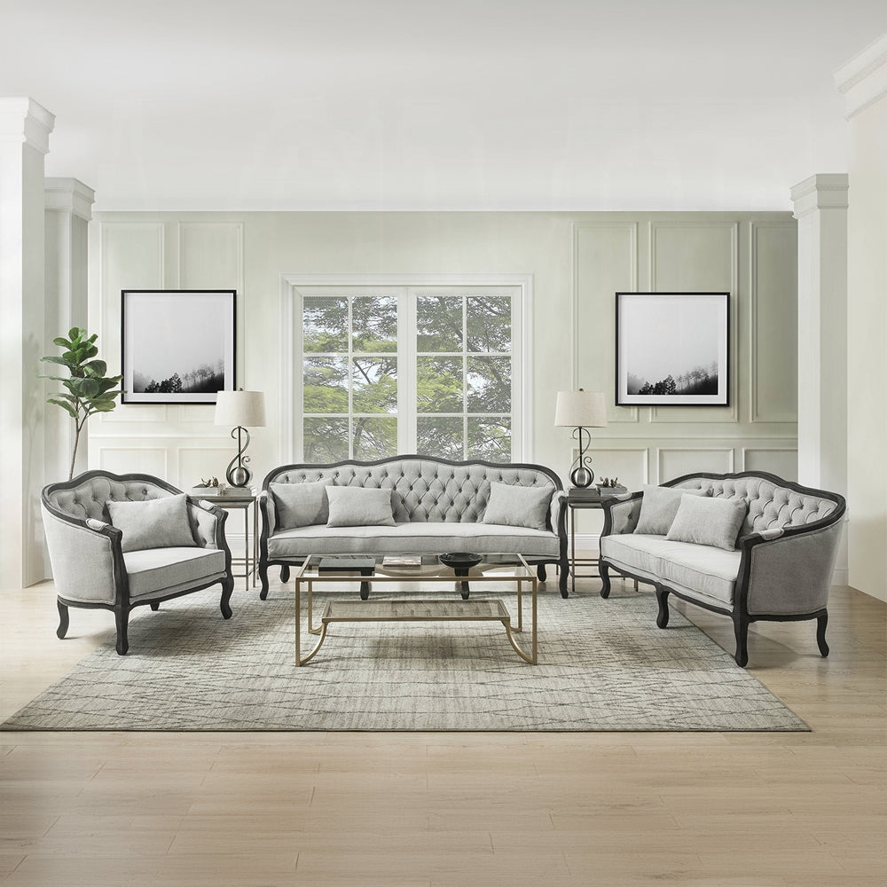 ACME Samael Colletion 3-Piece Living Room Set Include Sofa, Loveseat and Chair, Gray Linen & Dark Brown Finish