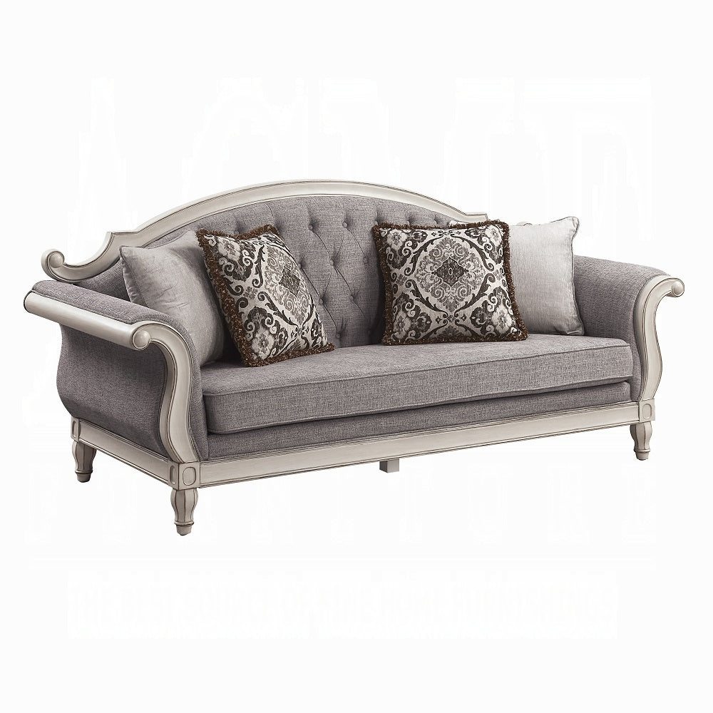 ACME Florian Colletion 3-Piece Living Room Set Include Sofa, Loveseat and Chair, Gray Fabric & Antique White Finish