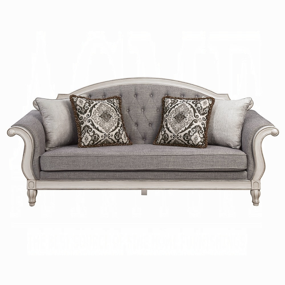 ACME Florian Colletion 3-Piece Living Room Set Include Sofa, Loveseat and Chair, Gray Fabric & Antique White Finish