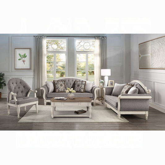 ACME Florian Colletion 3-Piece Living Room Set Include Sofa, Loveseat and Chair, Gray Fabric & Antique White Finish